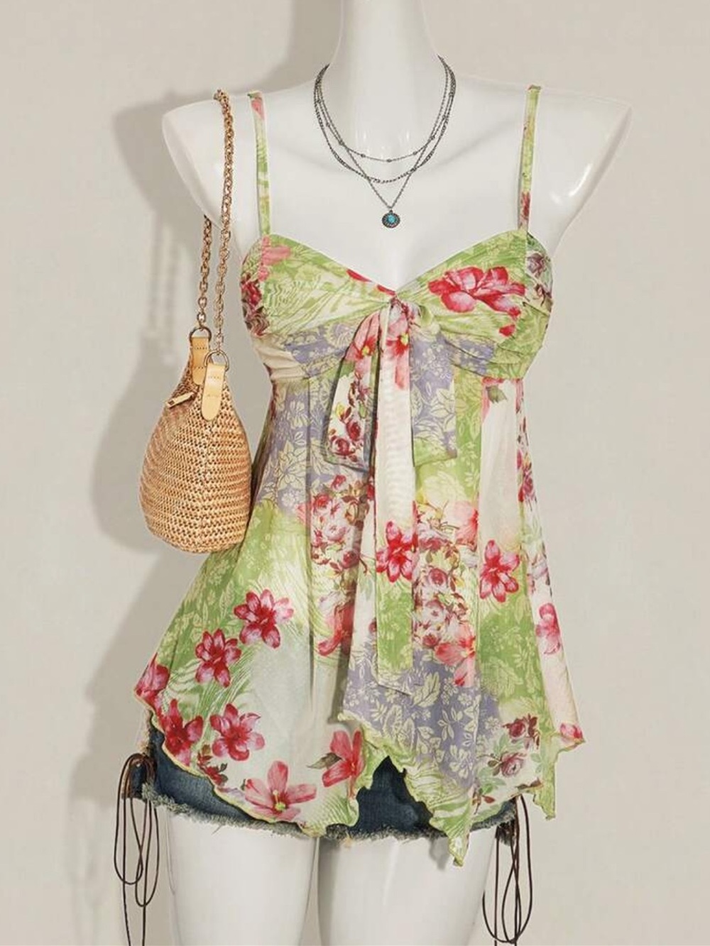 Women’s Floral Tie-Front Spaghetti Strap Top - Multicolor